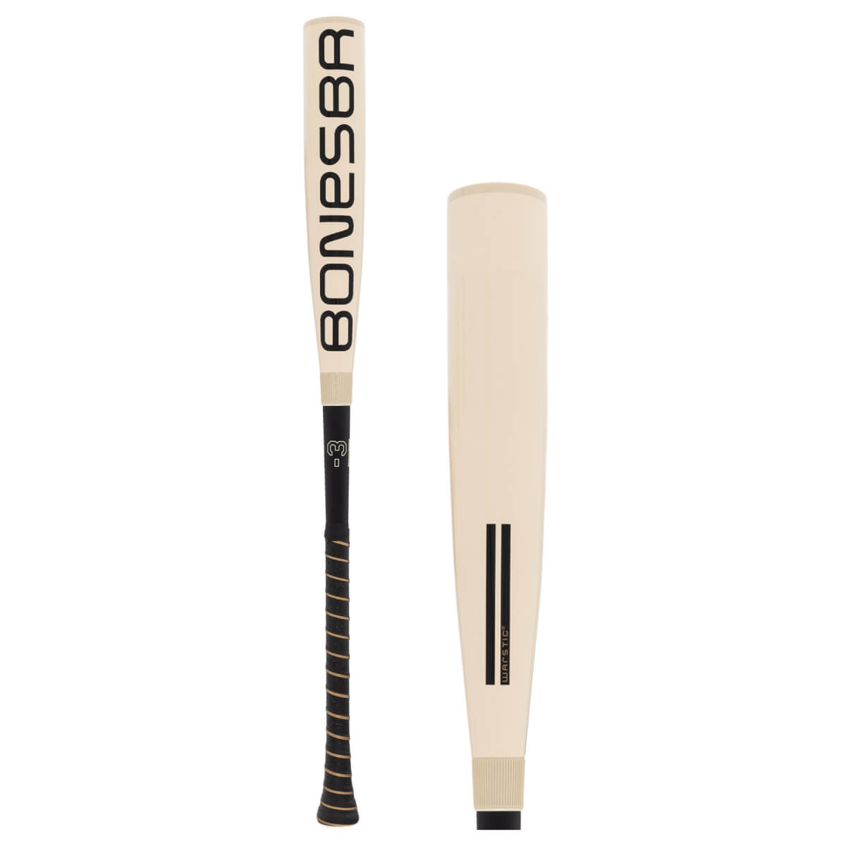 Side-by-side view of a cream baseball bat with BONESBR on the barrel, a black grip, and a separate barrel view.