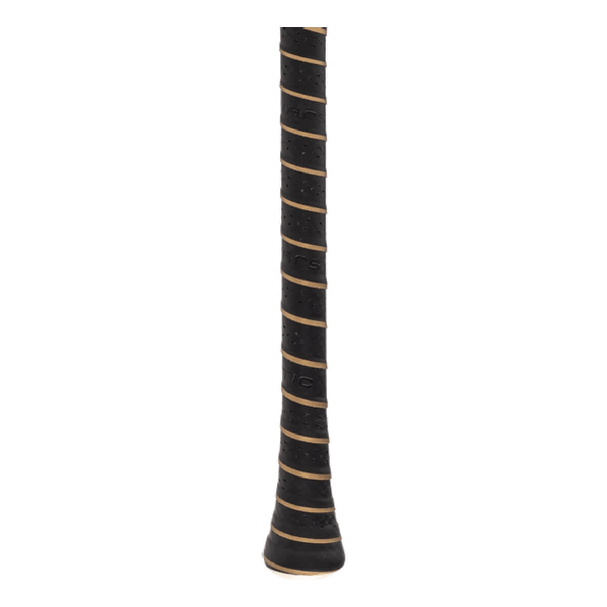 Close-up of a black Warstic baseball bat grip with tan spiraling stripes, perforated texture, and tapered end.