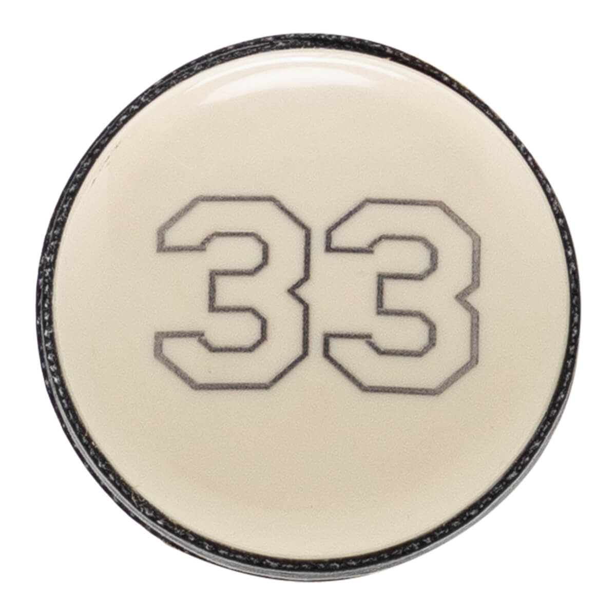 Top-down view of an off-white baseball bat end cap with a black rim and large outlined number 33.