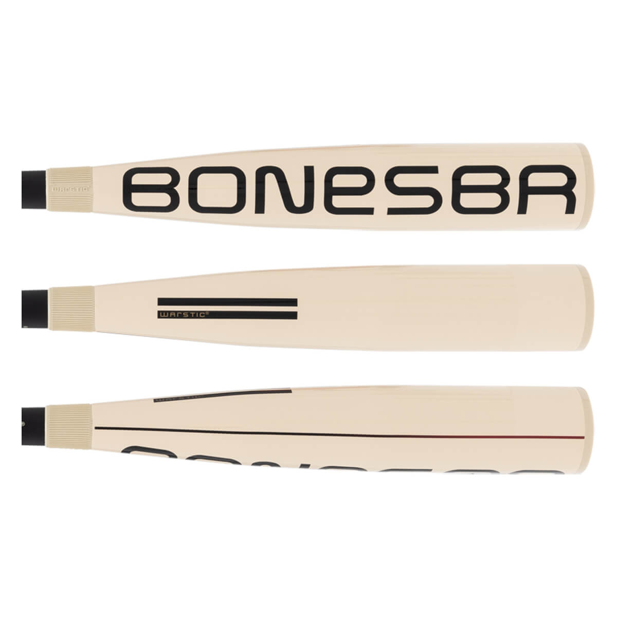 Multi-view of a cream baseball bat showing BONESBR text, WARSTIC logo, and black/red stripe details.
