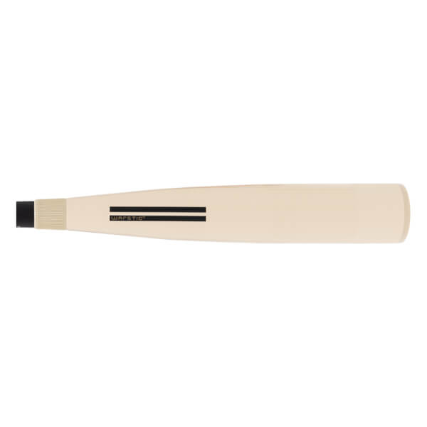 Side view of a cream baseball bat with WARSTIC branding and a black handle end.