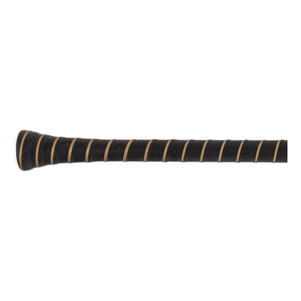 Close-up side view of a black baseball bat grip with tan spiral stripes and visible BONESABER text.
