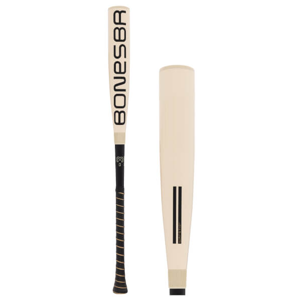 Side-by-side view of a cream baseball bat with BONESBR on the barrel, a black grip, and a separate barrel view.