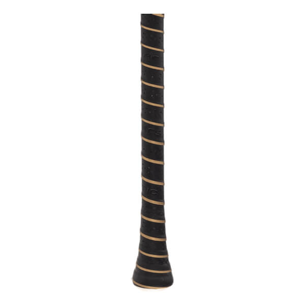 Close-up of a black Warstic baseball bat grip with tan spiraling stripes, perforated texture, and tapered end.