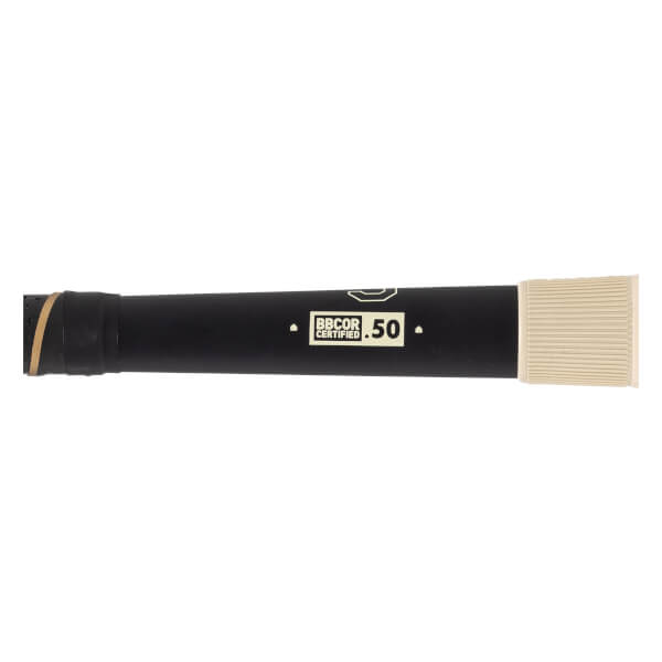 Close-up of a black baseball bat with a black grip, a BBCOR CERTIFIED .50 label, and a ribbed light-colored end.