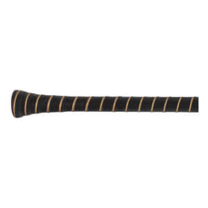 Close-up side view of a black baseball bat grip with tan spiral stripes and visible BONESABER text.