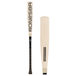 Side-by-side view of a cream baseball bat with BONESBR on the barrel, a black grip, and a separate barrel view.