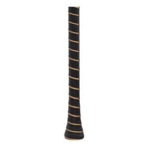 Close-up of a black Warstic baseball bat grip with tan spiraling stripes, perforated texture, and tapered end.