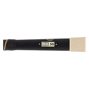 Close-up of a black baseball bat with a black grip, a BBCOR CERTIFIED .50 label, and a ribbed light-colored end.
