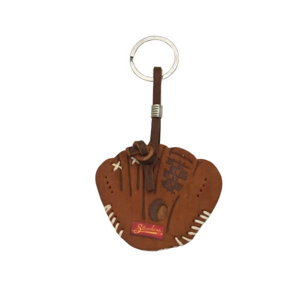 Front view of a brown baseball glove keychain with a red Shoeless tag and white stitching.