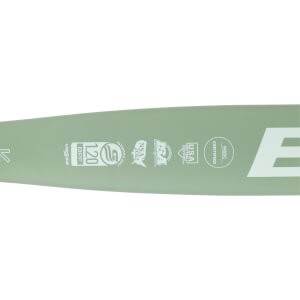 Close-up of a sage green bat barrel featuring white WBSC, USA SOFTBALL, ISA, NSA 2012, and USSSA 1.20 BPF FASTPITCH ONLY certification stamps.