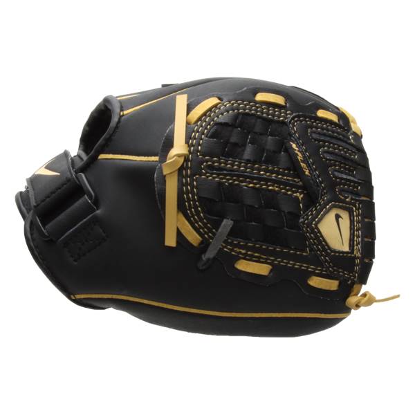 Side view of a black youth baseball glove with gold stitching and a Nike swoosh logo.