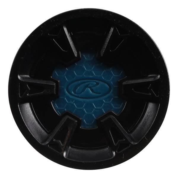 End view of a black baseball bat with a blue hexagonal pattern and a Rawlings logo.