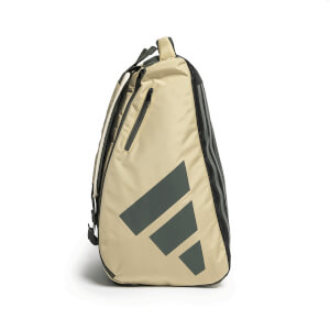 Side view of a tan Adidas racquet bag featuring a large dark green three-bar logo and a vertical zipper pocket.