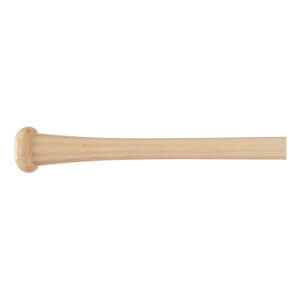 Side view of a light wood baseball bat with a rounded knob and smooth barrel.