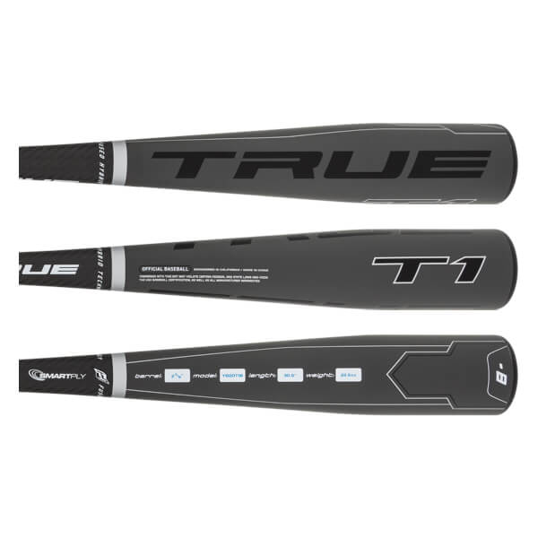 Top-down view of a black baseball bat with TRUE and T1 branding.