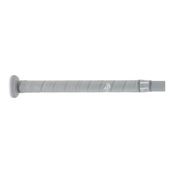 Side view of a light gray fastpitch softball bat handle with a textured grip, knob, and Rawlings logo.