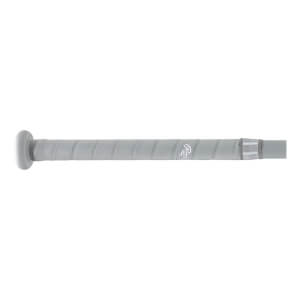 Side view of a light gray fastpitch softball bat handle with a textured grip, knob, and Rawlings logo.