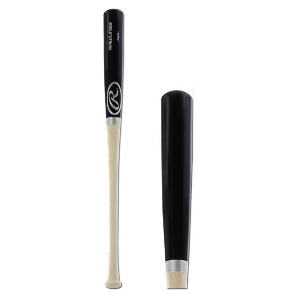 Front view of a black and natural wood baseball bat with Rawlings logo and text.