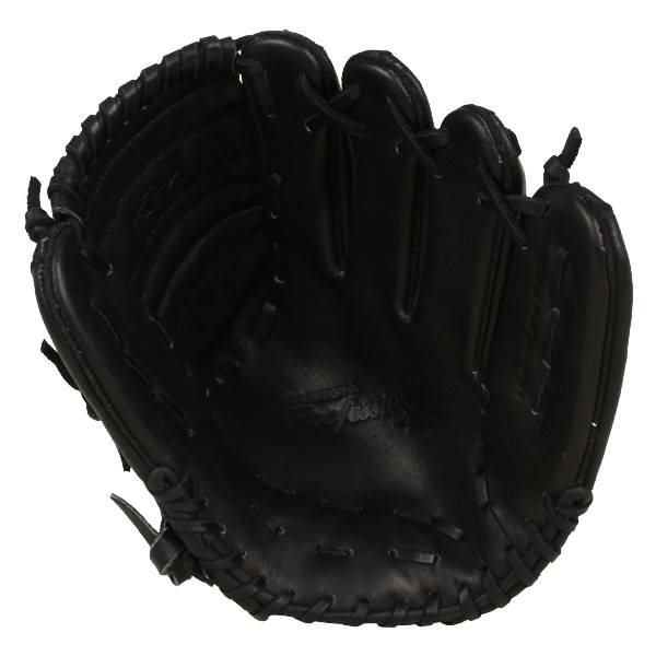 Top-down view of a black baseball glove with stitched finger stalls and a deep pocket.