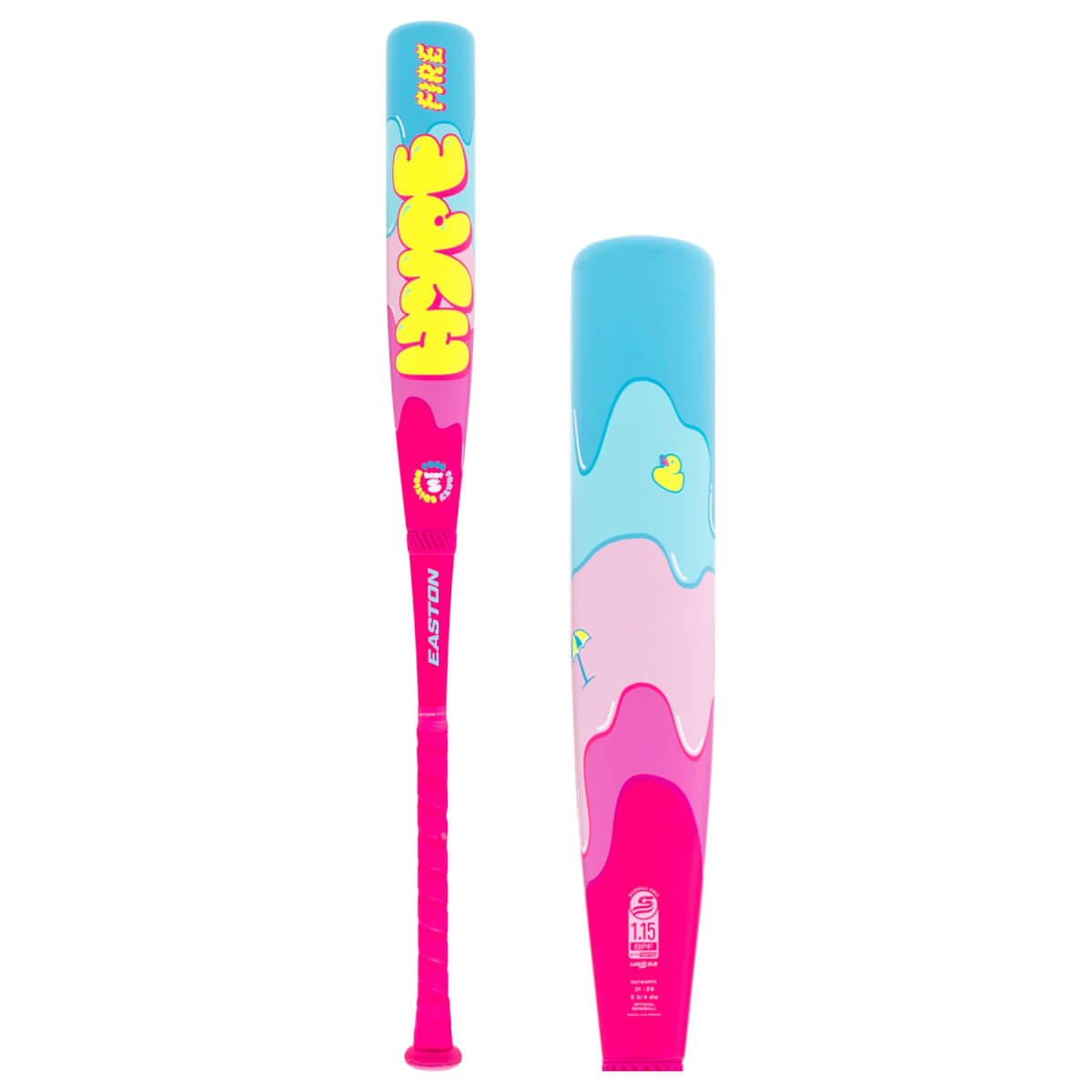 Front and back view of a pink and blue baseball bat with HYPE FIRE text, wavy design, and rubber duck.