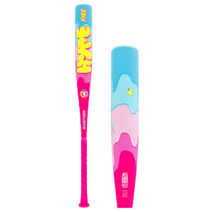 Front and back view of a pink and blue baseball bat with HYPE FIRE text, wavy design, and rubber duck.