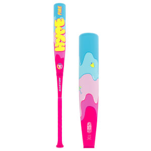 Front view of a vibrant pink and blue Easton Hype Fire baseball bat with HYPE FIRE text and a wavy pool party barrel.