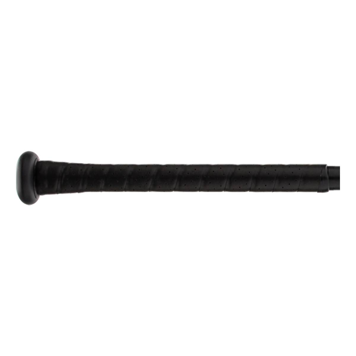 Side view of a black baseball bat with a textured grip and a rounded knob.