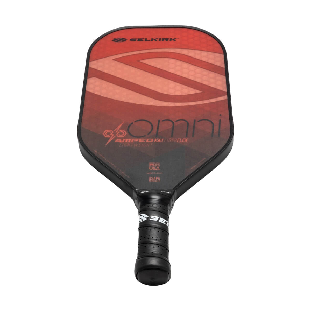 Top-down view of a red and black pickleball paddle with OMNI text and Selkirk branding.