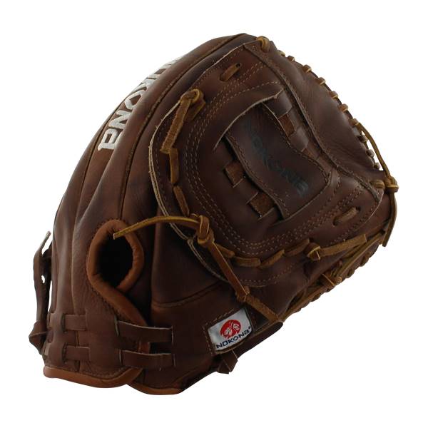 Side view of a brown leather softball glove with white Nokona lettering and a red and white logo patch.