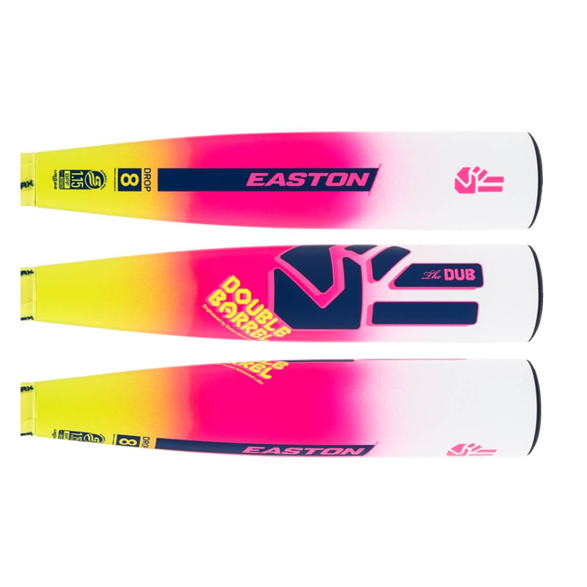 Multiple views of a yellow, pink, and white baseball bat barrel with Easton branding, Double Barrel, and The Dub text.