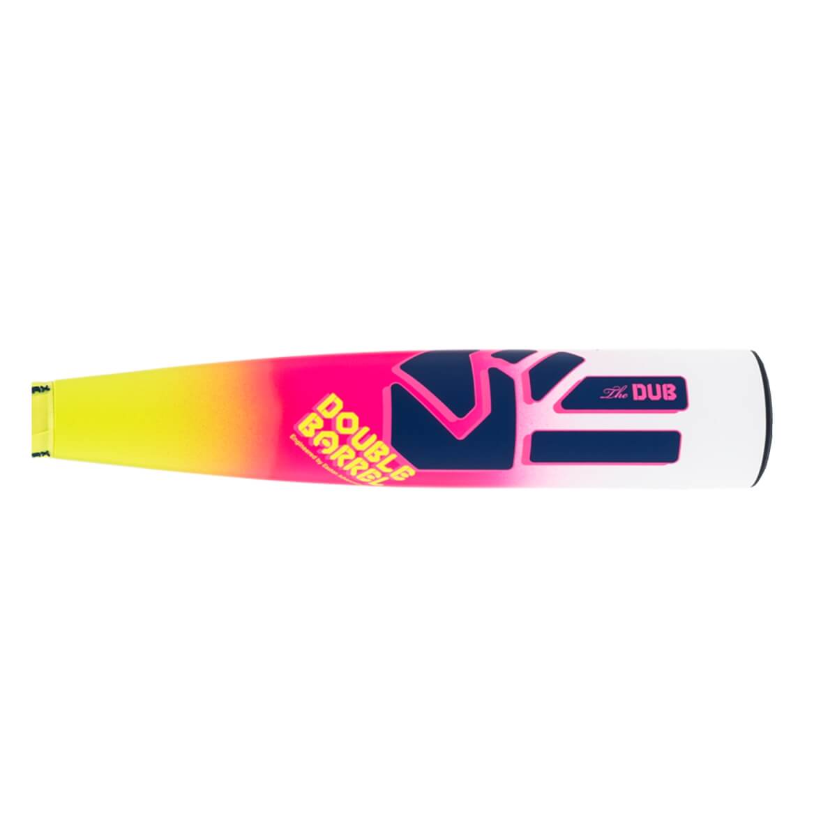 Side view of a yellow-pink-white baseball bat with DOUBLE BARREL text and navy blue graphics.