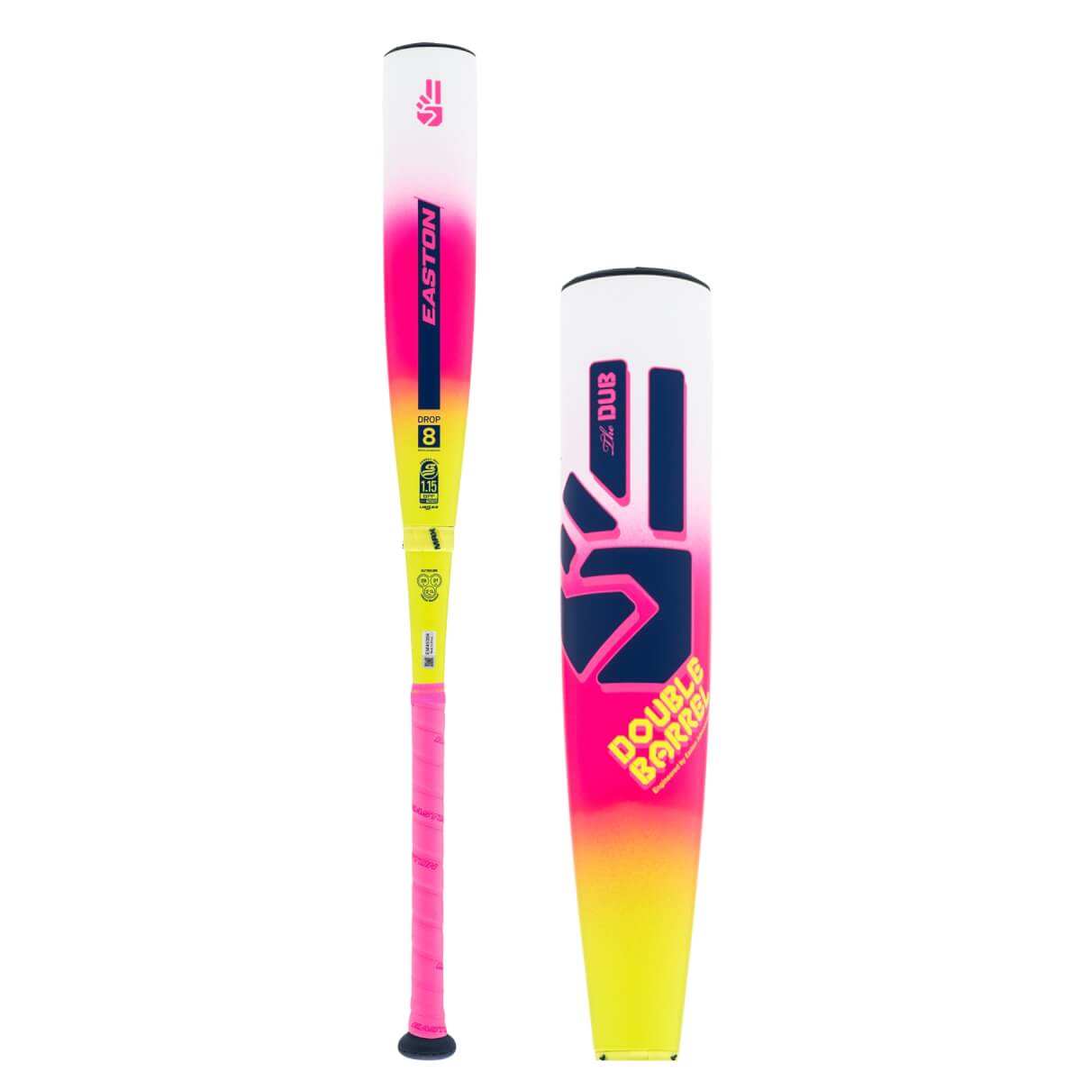 Front view of a white, pink, and yellow gradient baseball bat with EASTON and a close-up of its barrel showing THE DUB.