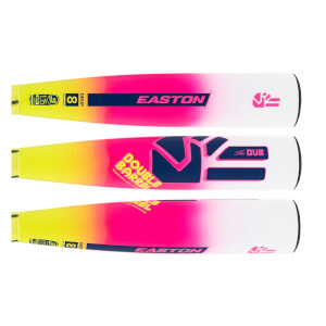 Multiple views of a yellow, pink, and white baseball bat barrel with Easton branding, Double Barrel, and The Dub text.