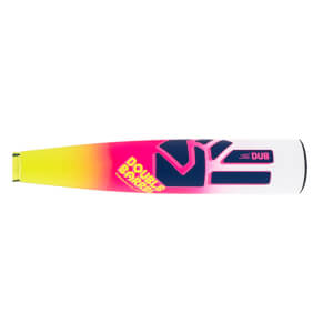 Side view of a yellow-pink-white baseball bat with DOUBLE BARREL text and navy blue graphics.