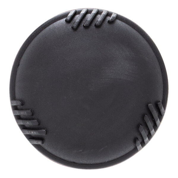 Top-down view of a black baseball bat end cap with textured grip lines.