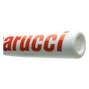 Side view of a white baseball bat with orange Marucci text and a white end cap.