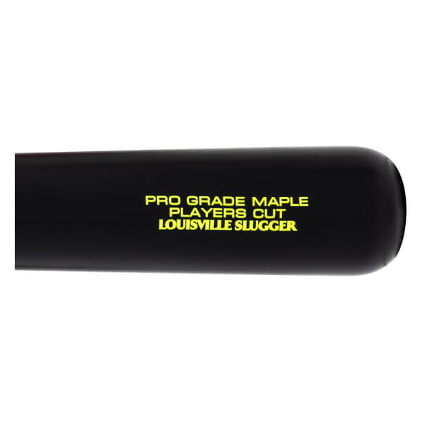 Close-up of a black baseball bat barrel with yellow PRO GRADE MAPLE PLAYERS CUT LOUISVILLE SLUGGER text.