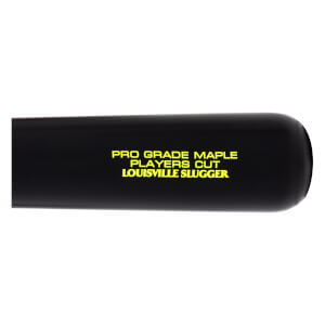 Close-up of a black baseball bat barrel with yellow PRO GRADE MAPLE PLAYERS CUT LOUISVILLE SLUGGER text.