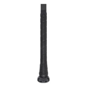 Close-up of a black baseball bat grip with a textured pattern and a shiny black knob.