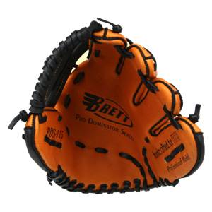 Front view of an orange baseball glove with black lacing, BRETT Pro Dominator Series text, and PDS-115 label.