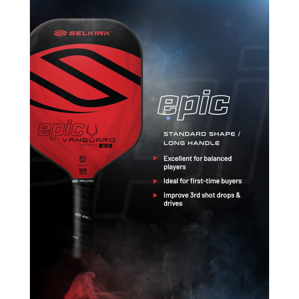 Front view of a red and black pickleball paddle with epic VANGUARD 2.0 text and a large S graphic.