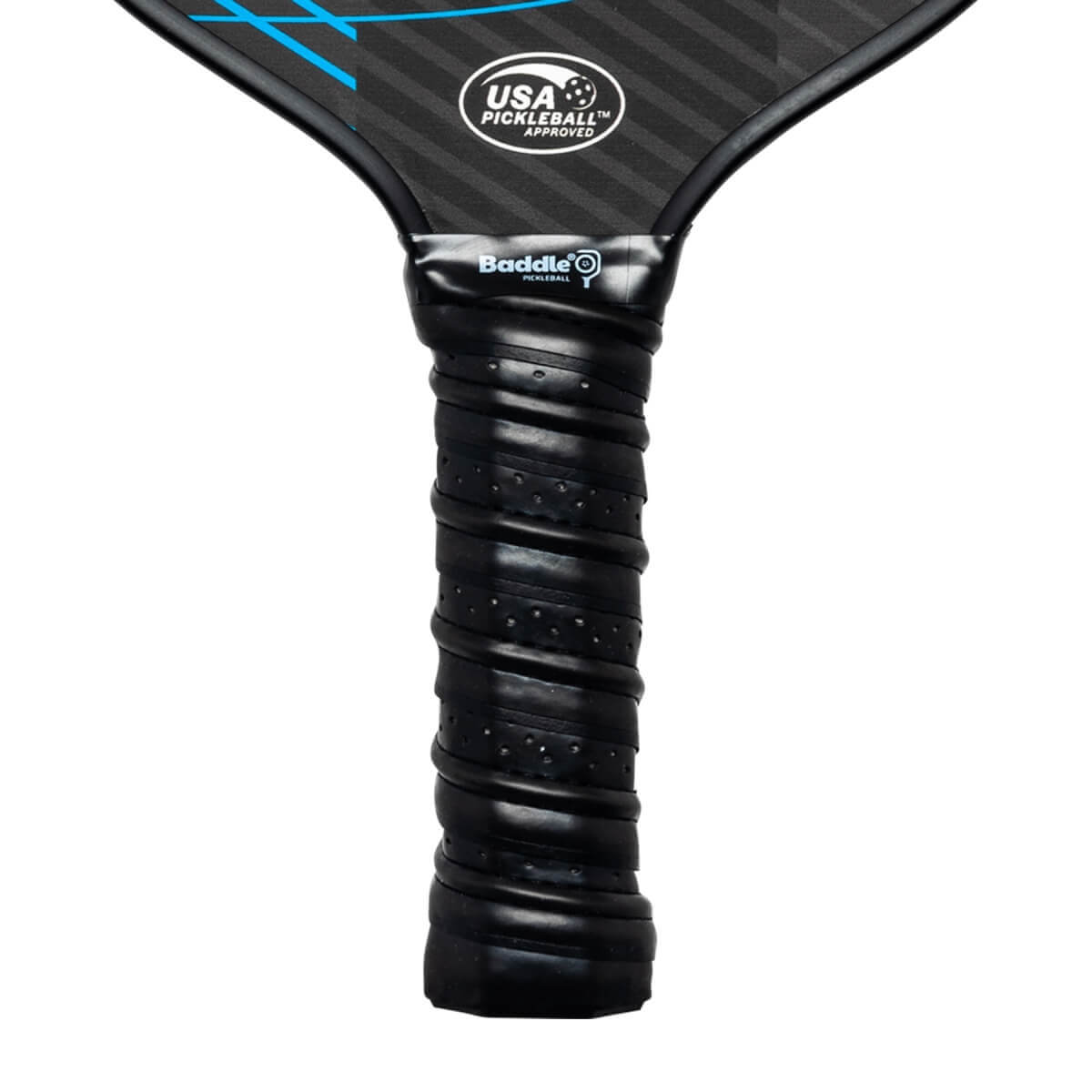 Close-up of a black pickleball paddle grip with Baddle logo and USA Pickleball Approved seal.
