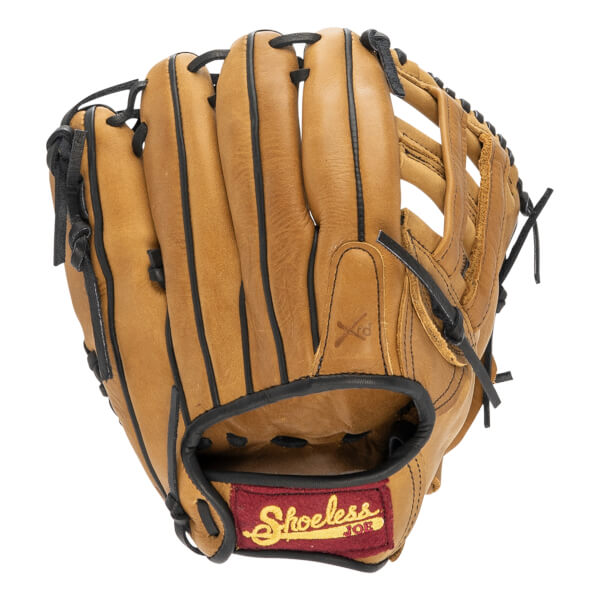 Front view of a tan baseball glove with black lacing, a red Shoeless Joe patch, and an Xrd logo.