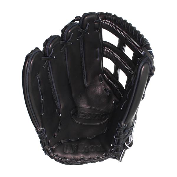 Front view of a black baseball glove with white stitching and A2000 and Wilson branding.