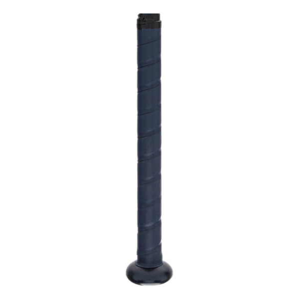 Close-up of a dark blue fastpitch softball bat grip with a black end cap.
