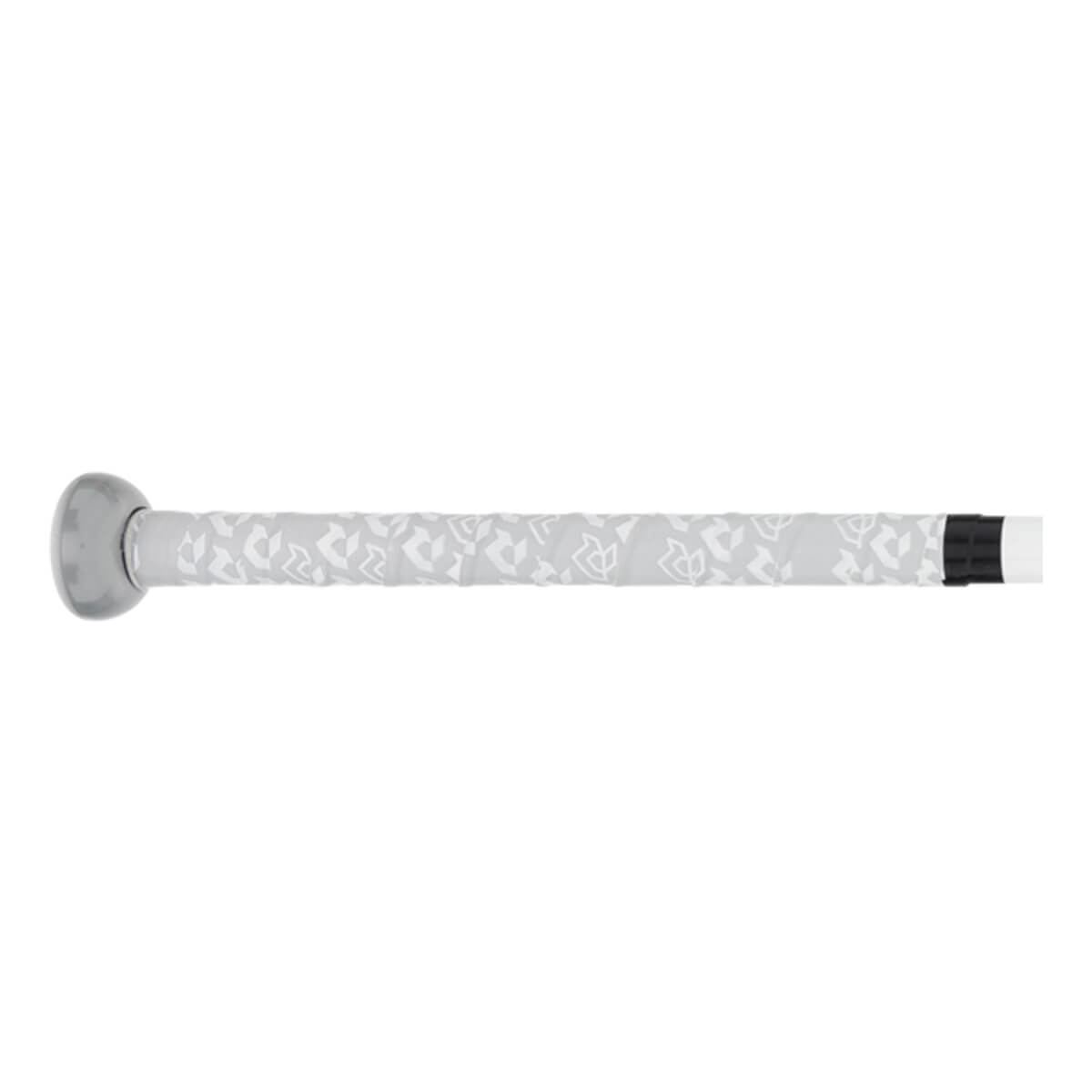 Side view of a light grey bat handle with white patterns on the grip, a silver knob, and black end tape.
