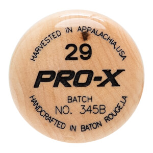 Close-up of a natural wood baseball bat end with PRO-X logo, 29, and HARVESTED IN APPALACHIA, USA text.