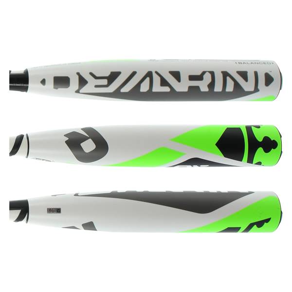 Top-down view of a white baseball bat with black and green DeMarini branding and a balanced label.