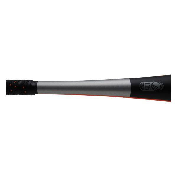 Side view of a silver baseball bat with a black grip and 1.15 stamped on the barrel.